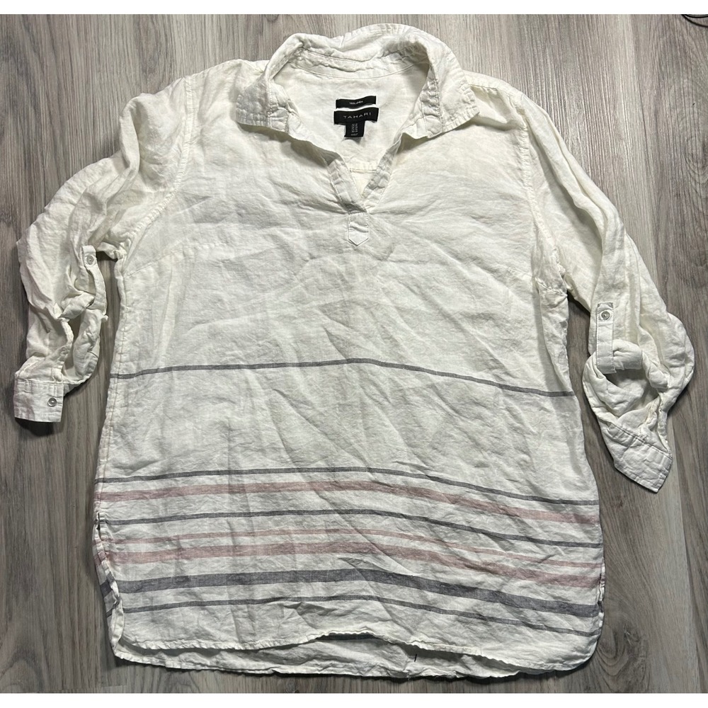 Tahari 1X Linen Stripe Collared V-Neck Roll-Tab Sleeve Shirt Top Womens tunic - Picture 1 of 7